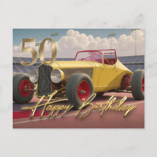 Cartão Postal Carro de corrida vintage Feliz 50º