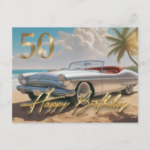 Cartão Postal Carro esportivo antigo em uma praia tropical Feliz
