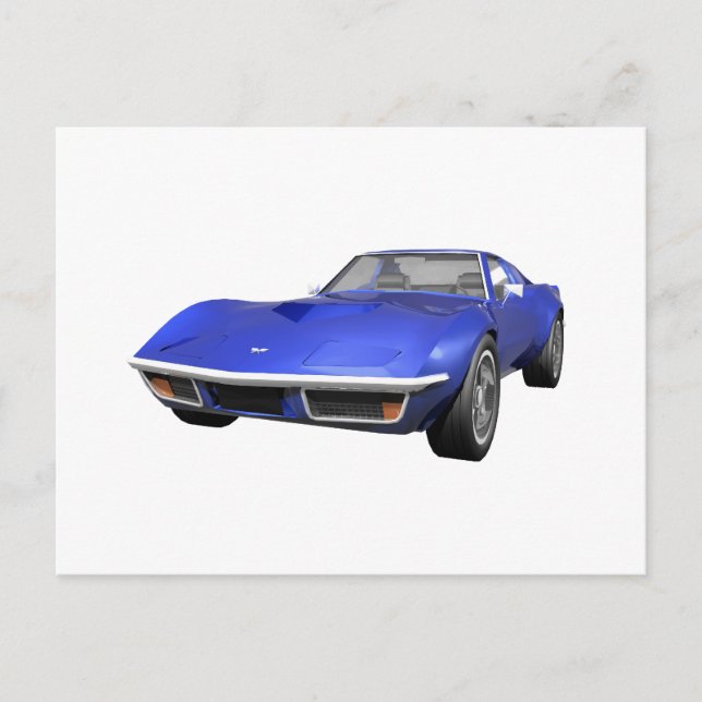 Cartão Postal Carro Esportivo Corvette 1970: Conclusão Azul (Frente)