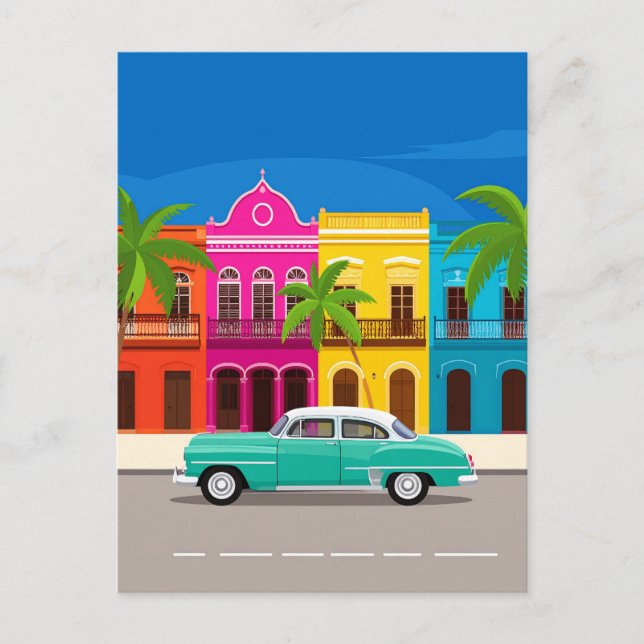 Cartão Postal Carro retrô e edifícios coloridos coloniais Cuba (Frente)