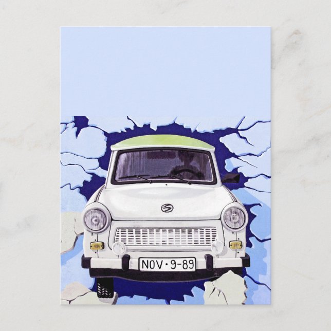 Cartão Postal Carro Trabant, Azul Pálido, Muro de Berlim (Frente)