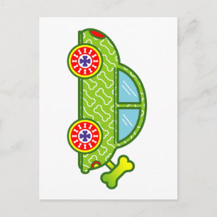 Cartão Postal Carro Verde com Design de Ossos Cachorros