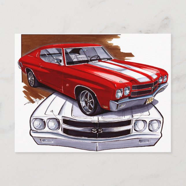 Cartão Postal Carro Vermelho-Branco Chevelle 1970 (Frente)