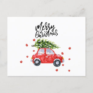 Cartão Postal Carro vermelho feliz de Natal com árvore de Nat