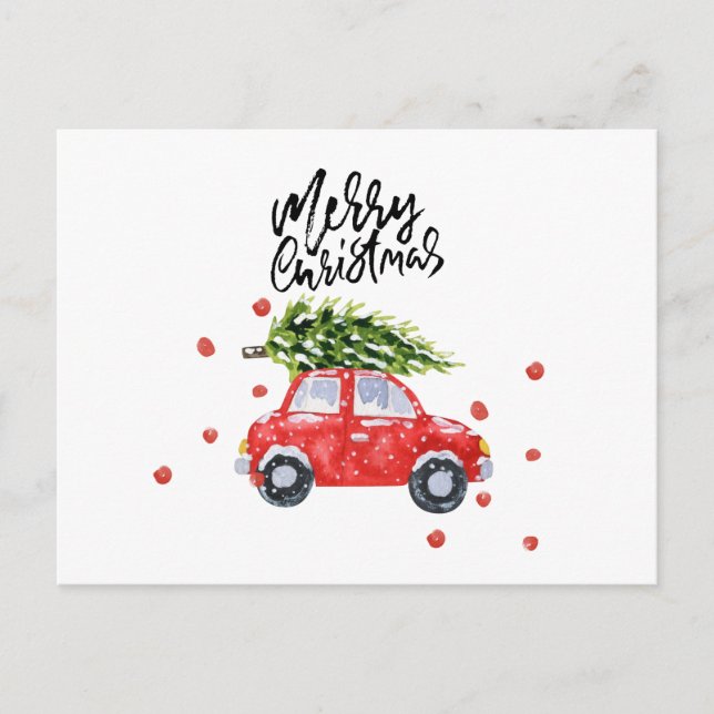 Cartão Postal Carro vermelho feliz de Natal com    árvore de Nat (Frente)