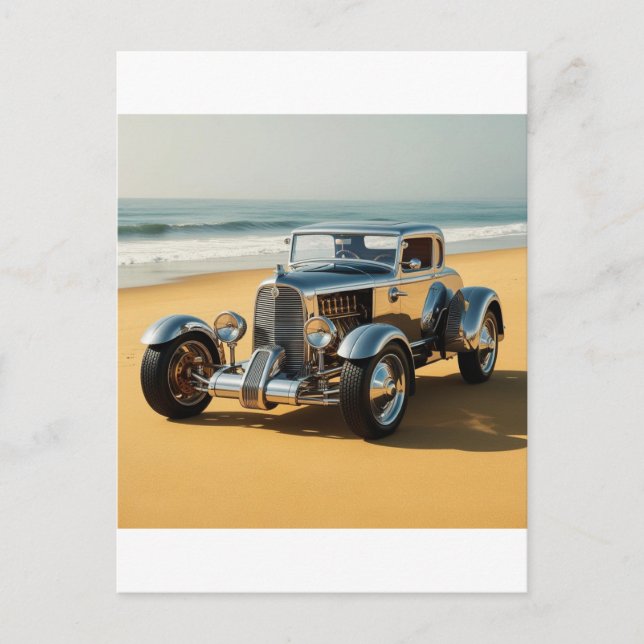 Cartão Postal Carro vintage de prata na praia (Frente)