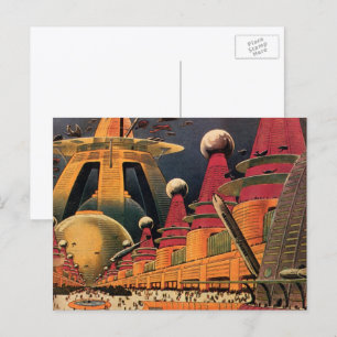 Cartão Postal Carro Voador de Cidade Futurística Ficção Ciência 