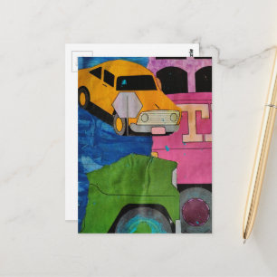 Cartão Postal Carros e caminhões amarelo verde rosa azul colagem