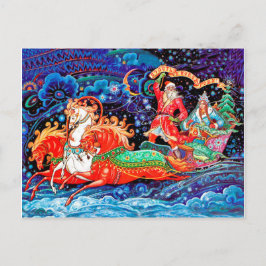 Cartão Postal Carruagem de três cavalos trazendo Ano Novo e Papa