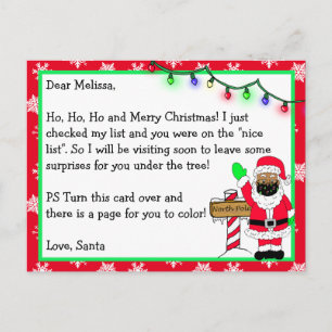 Cartão Postal Carta do Papai Noel para Crianças + Página para Co