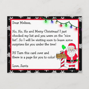 Cartão Postal Carta do Papai Noel para Crianças + Página para Co