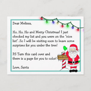 Cartão Postal Carta do Papai Noel para Crianças + Página para Co