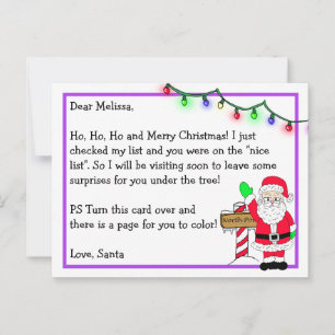Cartão Postal Carta do Papai Noel para Crianças + Página para Co