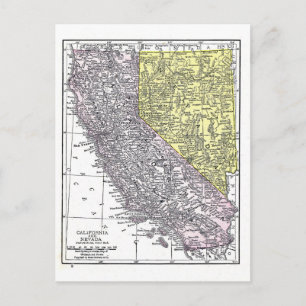 Cartão Postal Cartão:  Mapa de Califórnia e de Nevada, 1921