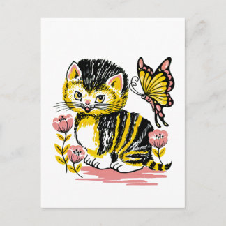 Cartão Postal Cartão-postal Adorável para Kitten e Borboleta