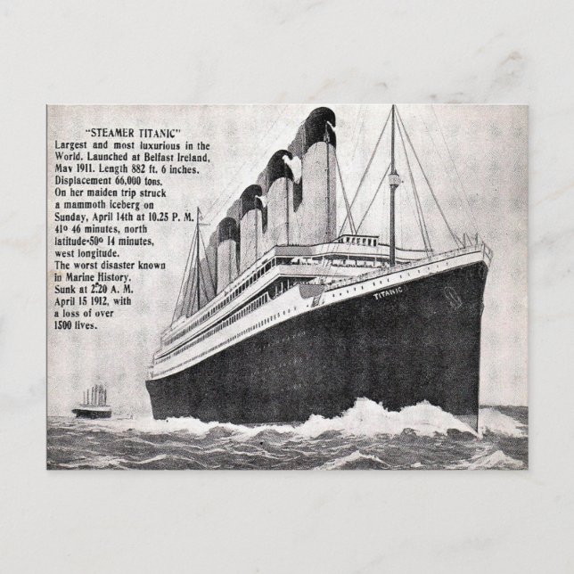 Cartão Postal Cartão-postal antigo - O Navio a vapor "Titanic". (Frente)