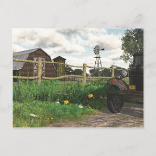 Cartão Postal Cartão-postal antigo Red Barn e Rusty Truck