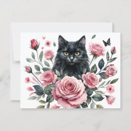Cartão Postal Cartão-postal Black Cat com Rosas Rosa
