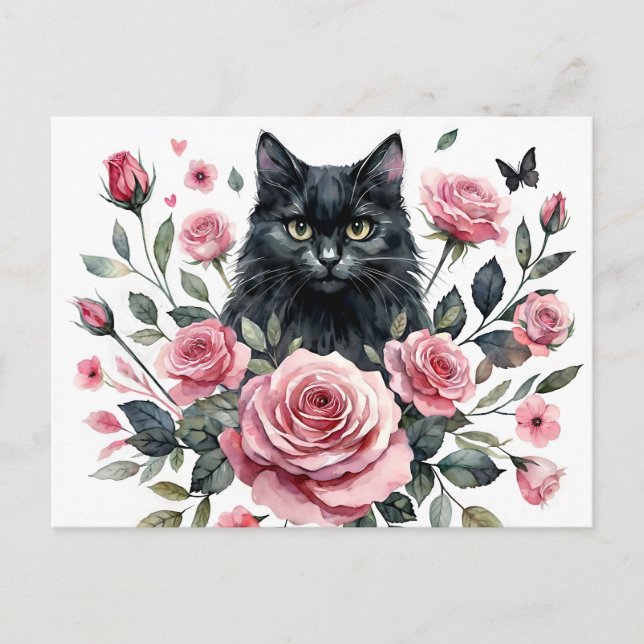Cartão Postal Cartão-postal Black Cat com Rosas Rosa (Frente)