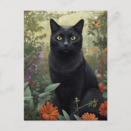Cartão Postal Cartão-postal Black Cat In Flower Garden