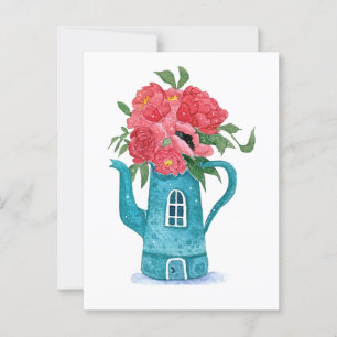 Cartão Postal Cartão-postal Blue Teapot com Flores Vermelhas