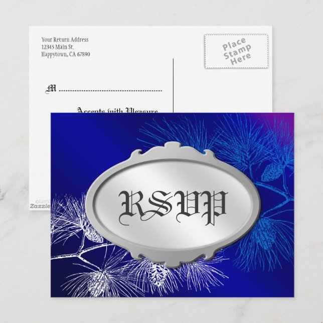 Cartão Postal Cartão-postal branco azul de feriado RSVP editável (Frente/Verso)