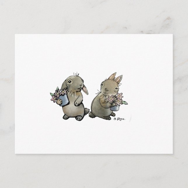 Cartão Postal Cartão-postal Coelhos com Flores (Frente)