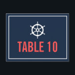 Cartão Postal Cartão-postal com número de tabela náutica marinho<br><div class="desc">Número da Tabela de Mídia Náutica marinho e Coral Cartão postal marinho escuro azul e cartões de agradecimentos de coral com uma ilustração de helm branco. Isso é perfeito para casamentos náuticos temáticos ou casamentos temáticos no mar e no oceano.</div>