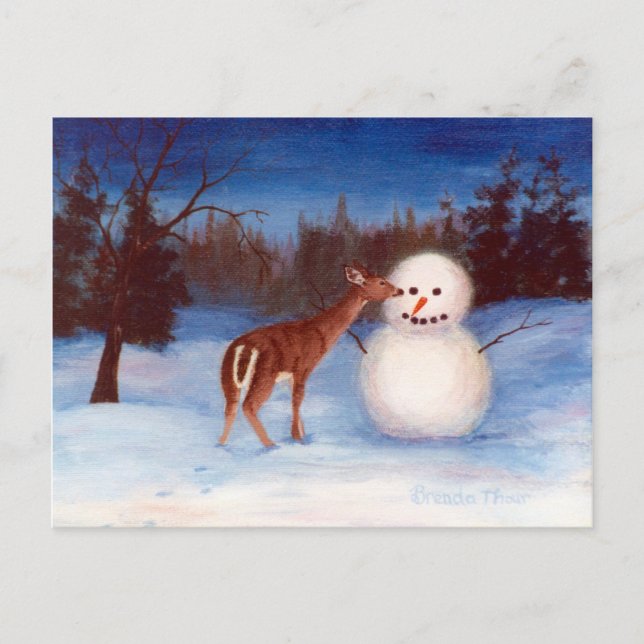 Cartão Postal Cartão-postal Curiosity Deer e Snowman (Frente)