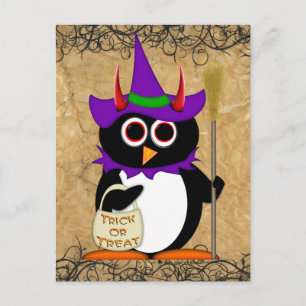 Cartão Postal Cartão-postal da Bruxa de Halloween de mau Penguin