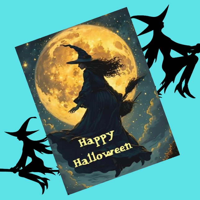 Cartão Postal Cartão-postal da bruxa voando sobre a lua cheia (Criador carregado)