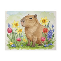 Cartão-postal da Capybara Bonita com Flores de pri