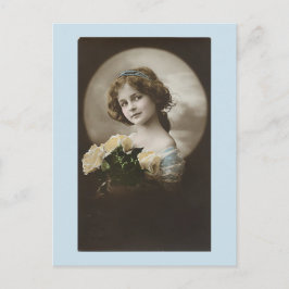 Cartão Postal Cartão-postal da Vintage Girl in Blue White Roses