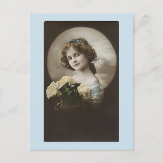 Cartão Postal Cartão-postal da Vintage Girl in Blue White Roses