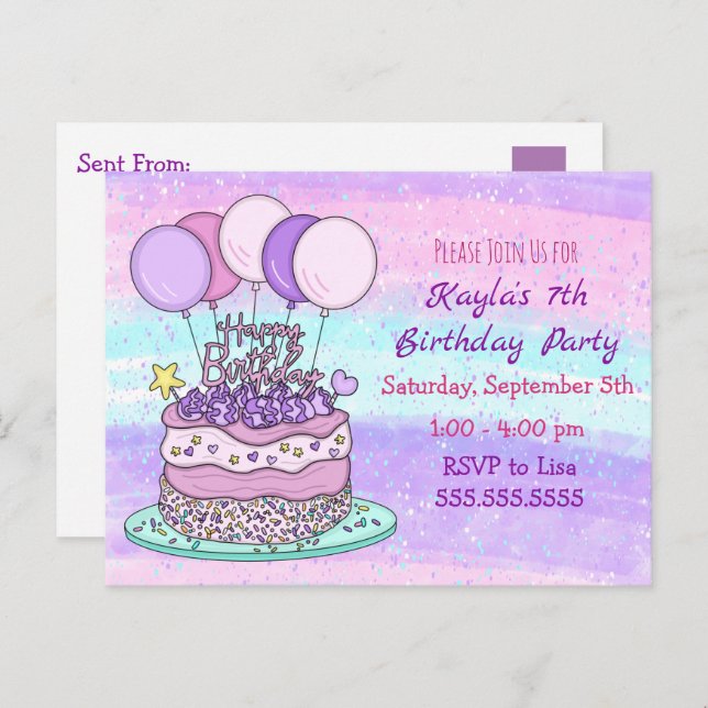 Cartão Postal Cartão-postal de aniversário da menina rosa e roxa (Frente/Verso)