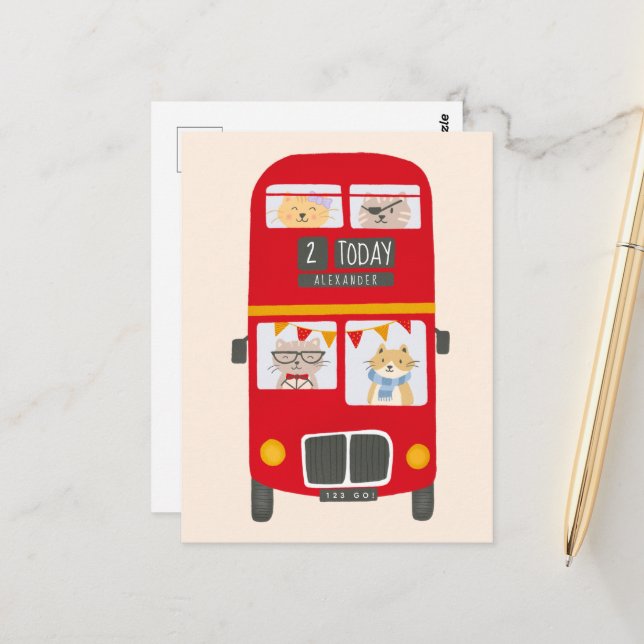 Cartão Postal Cartão-postal de aniversário de ônibus vermelho (Frente/Verso In Situ)