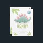Cartão Postal Cartão-postal de Aniversário do Dinosaur Kid<br><div class="desc">O convite de aniversário do Dinossauro. Para crianças. Balloon. Personalizável. Personalizado. Stegossauro. Rosa. Verde. Bolinhas. Balões. Mão pintada. Desenho a mão. Cartão Postal.</div>