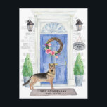 Cartão Postal Cartão-postal de Anúncio de Movimentação de german<br><div class="desc">Anuncie seu novo discurso com nosso anúncio de na moda com um German shepherd,  porta azul frontal,  tapete de boas-vindas,  tabuleiro,  topiários e uma coroa floral em um fundo de tijolo de cinza.</div>
