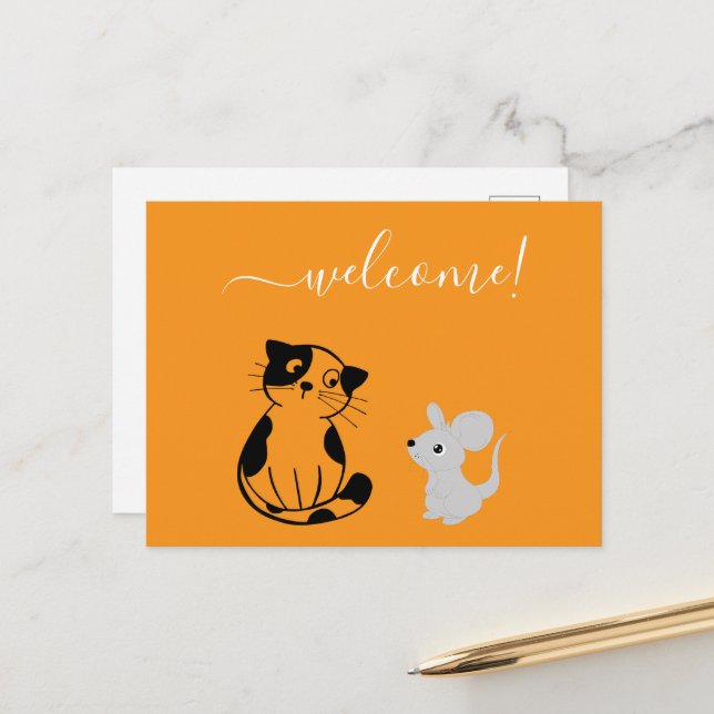 Cartão Postal Cartão-postal de boas-vindas laranja com Cat & Mou (Frente/Verso In Situ)