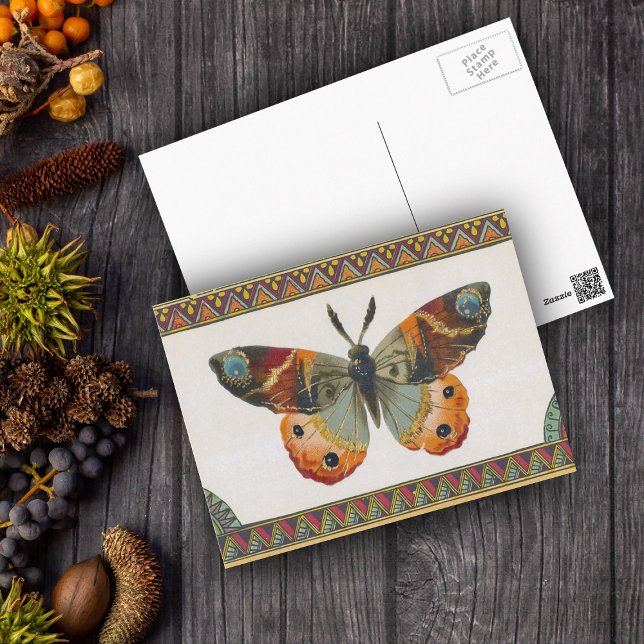 Cartão Postal Cartão-postal de borboleta de outono (Monarch butterfly browns, blues, oranges with abstract border on postcard.)