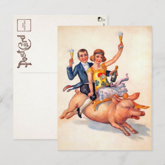 Cartão Postal Cartão-postal de Casal Vintage Riding Pig