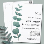Cartão Postal Cartão-postal de convocação da família Eucalyptus<br><div class="desc">Reúna a sua família para a Reunião Familiar com este cartão postal de na moda. Ele apresenta uma solteiro de aquarela eucalipto sprig. Porque nós criamos nosso próprio trabalho de arte você não encontrará essa imagem exata de outros designers. Original Watercolor © Michele Davies.</div>