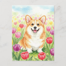 Cartão Postal Cartão-postal de Corgi-Cute em Tulips