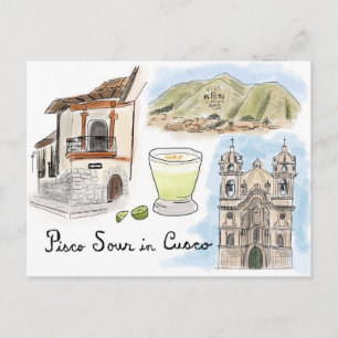 Cartão Postal Cartão-postal de desenho viagem: Pisco Sour em Cu