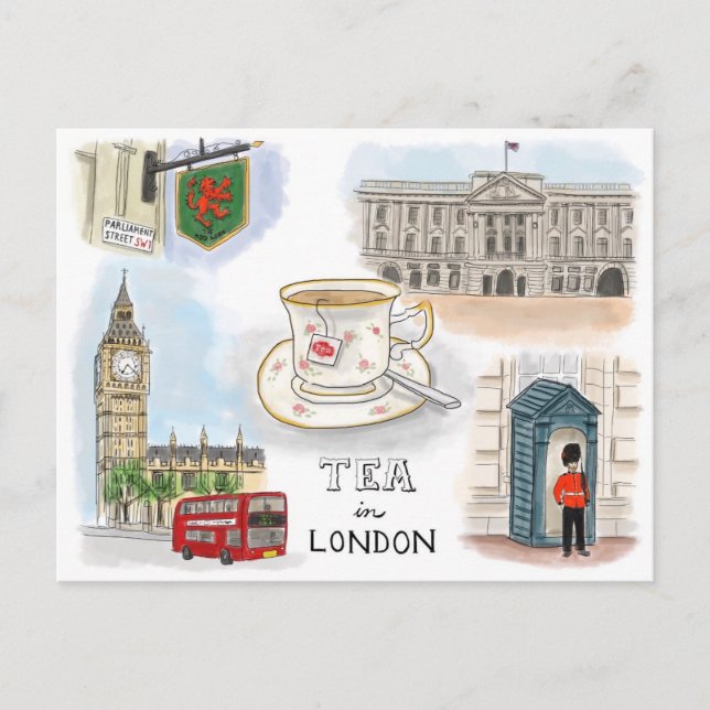 Cartão Postal Cartão-postal de desenho viagem: Tea in London Eng (Frente)