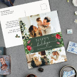 Cartão Postal Cartão-postal de Feriado de Script Moderno do Verd<br><div class="desc">Esta coleção apresenta florais vermelhos de aquarela,  bagas e verde de inverno com tipografia moderna e elegante,  com padrão botânico de inverno.</div>