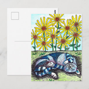 Cartão Postal Cartão-postal de Flores Amarelo e Gato Azul