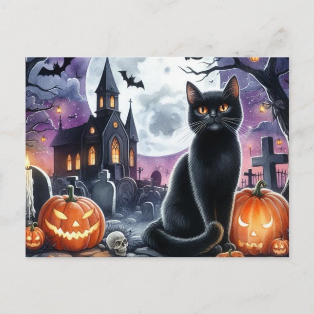 Cartão Postal Cartão-postal de Gato Preto Feliz de Halloween (Frente)