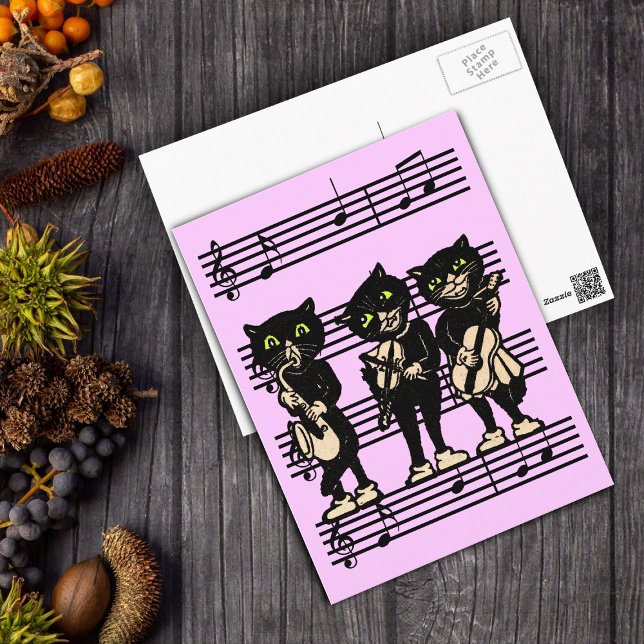 Cartão Postal Cartão-postal de Gatos Pretos Musicais (Three black musical cats standing on black sheet music on pink postcard.)