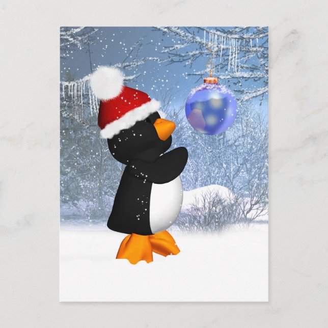 Cartão Postal Cartão-Postal De Inverno Pinguim Cuto Com Decoraçã (Frente)